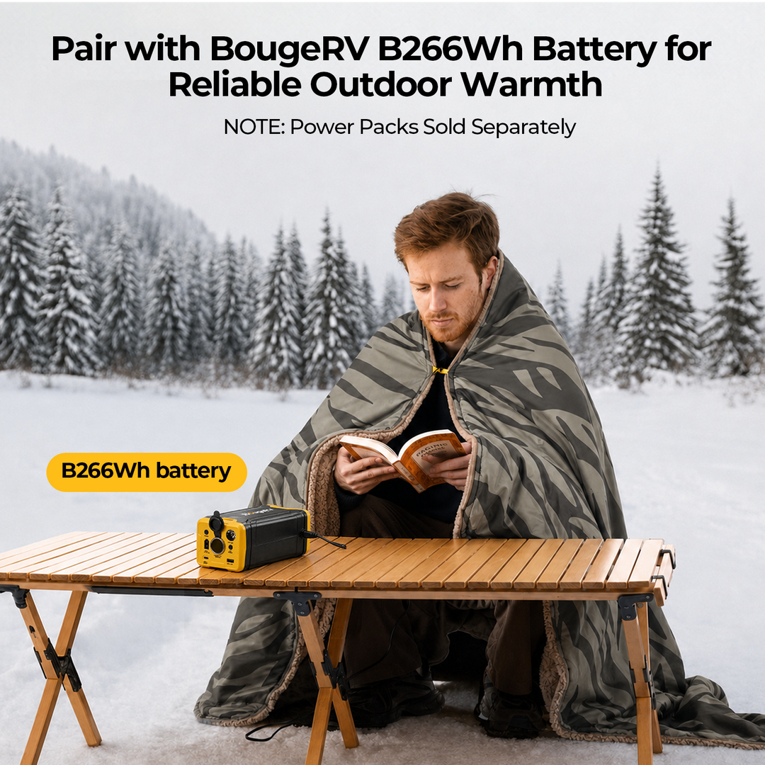BougeRV 12V heated blanket paired with B266Wh portable battery for reliable warmth during outdoor camping