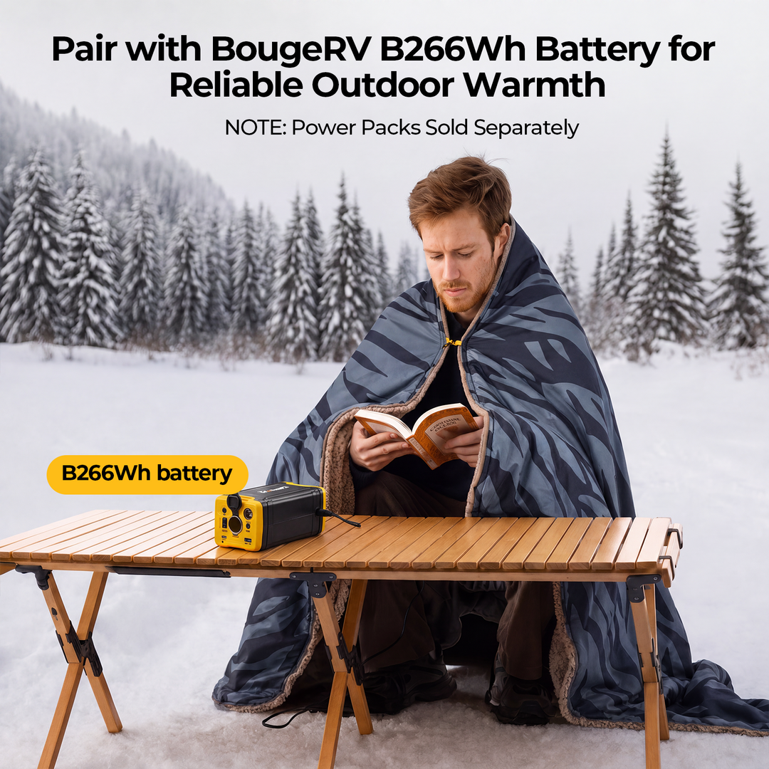 BougeRV 12V heated blanket paired with B266Wh portable battery for reliable warmth during outdoor camping