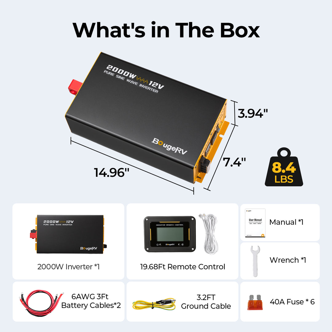 BougeRV 2000W 12V pure sine wave inverter package and included accessories