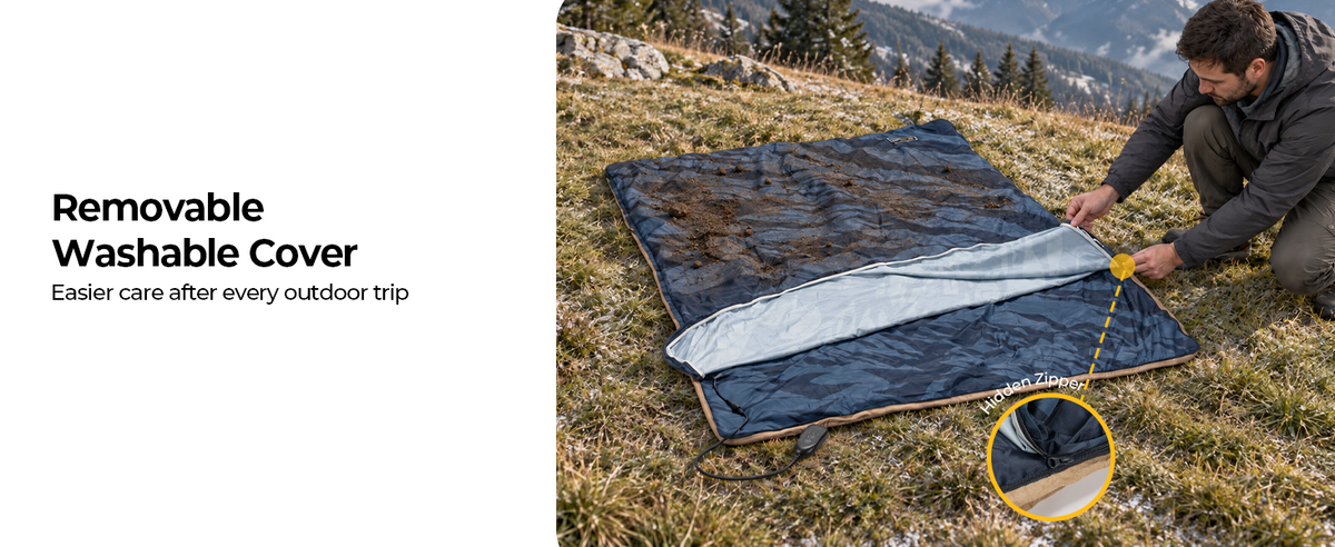 BougeRV 12V heated blanket with removable washable cover for easy care after camping and outdoor adventures