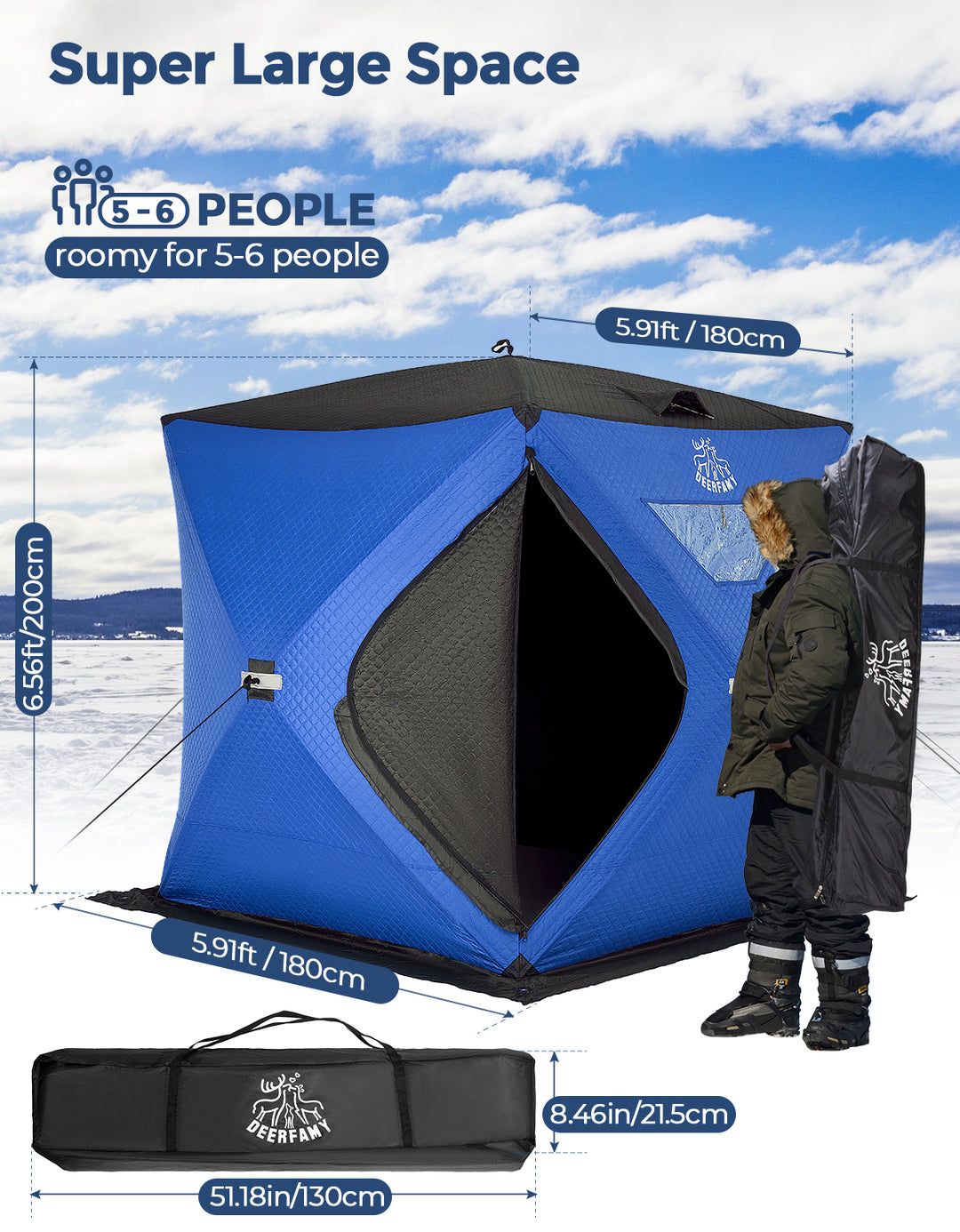 DEERFAMY Insulated Double-Layer Ice Fishing Shelter Portable Tent(3-4 People)