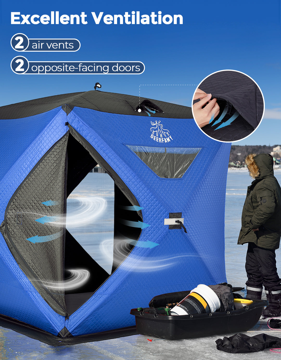 DEERFAMY Insulated Double-Layer Ice Fishing Shelter Portable Tent(3-4 People)