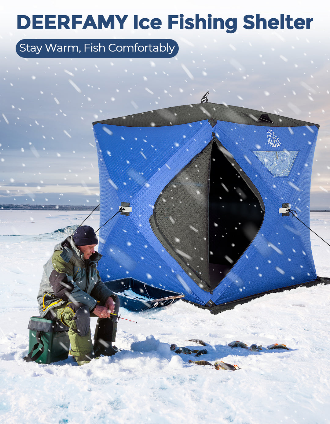 DEERFAMY Insulated Double-Layer Ice Fishing Shelter Portable Tent(3-4 People)