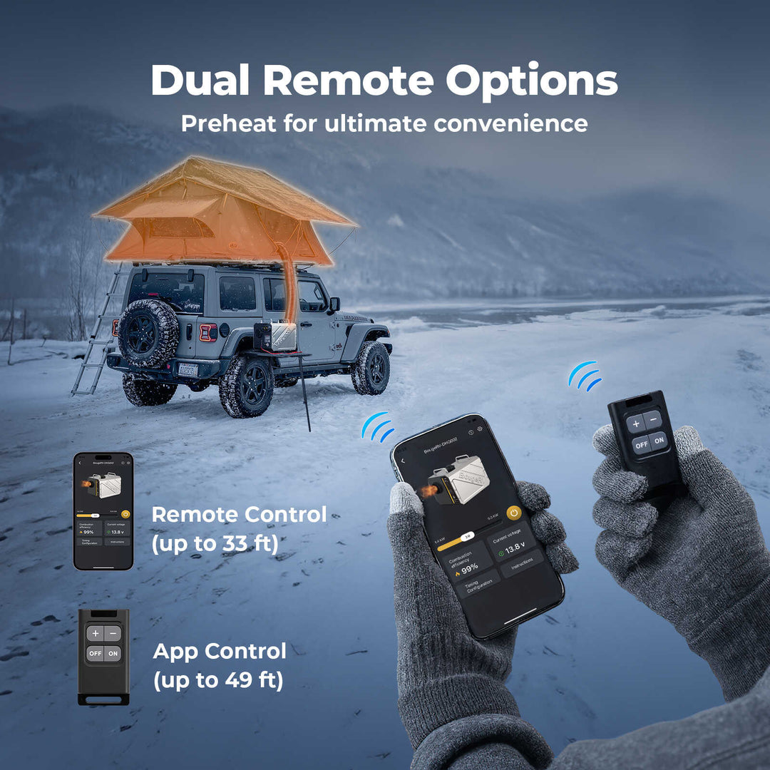 BougeRV New Portable Diesel Outdoor Heater showes remote control and app control options.