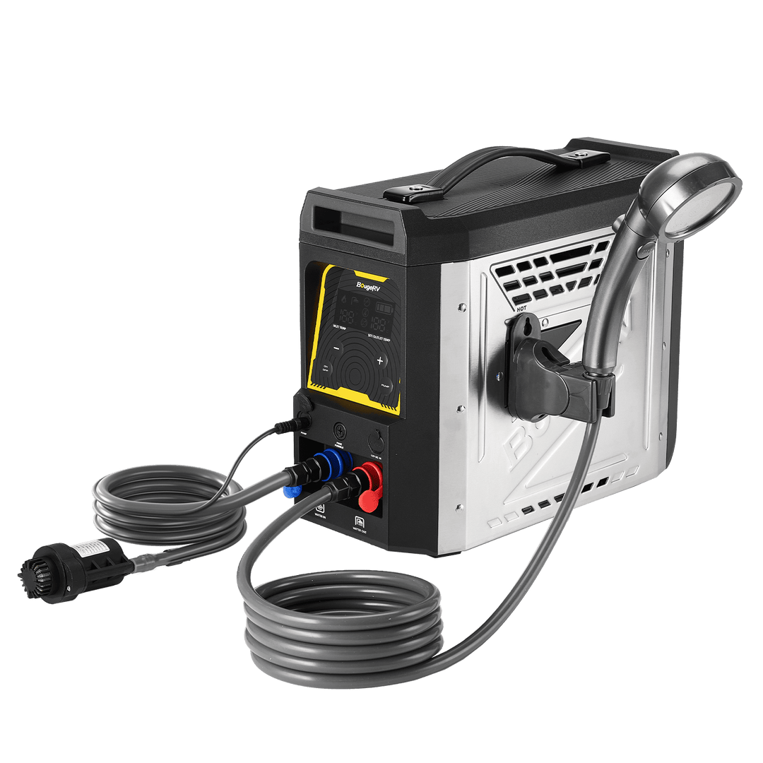 Portable shower unit with hose and control panel