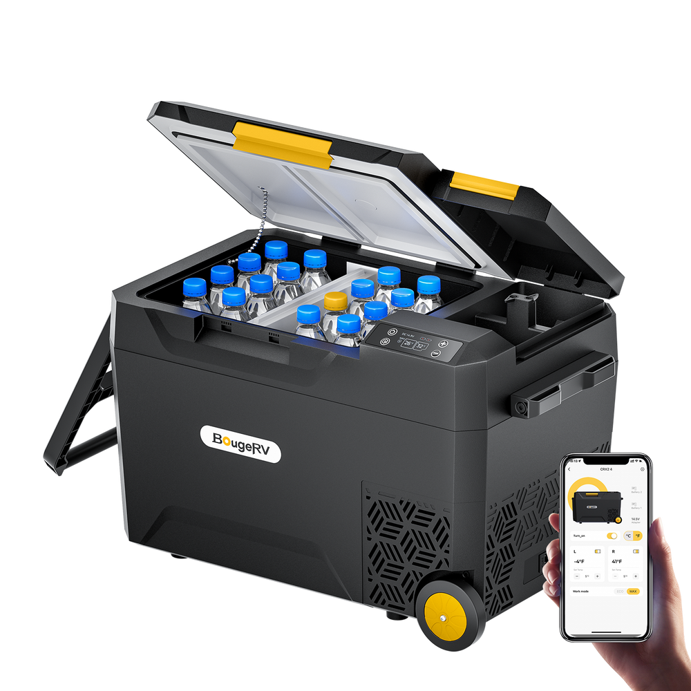 BougeRV portable refrigerator connected to a smartphone