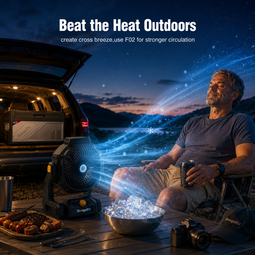 BougeRV F02 battery powered fan with cross breeze