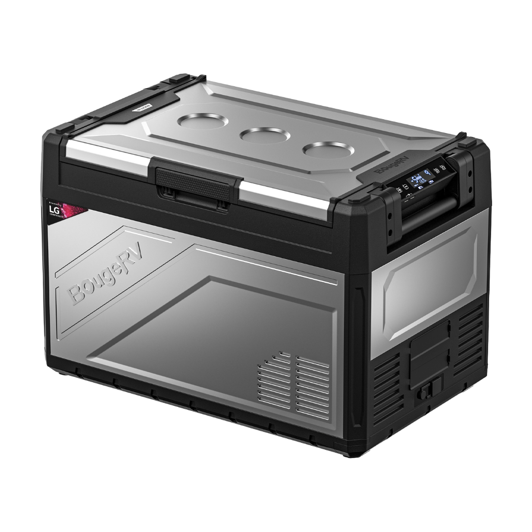 BougeRV Rocky 55QT Dual Zone 12V portable fridge with a digital display on top