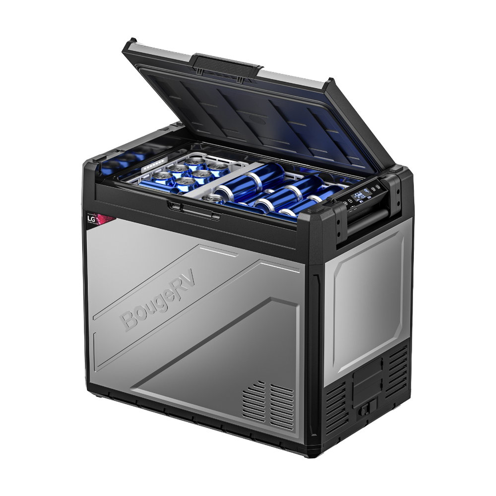 A silver BougeRV Rocky 81QT Dual Zone 12V Portable Fridge with a digital display, front-mounted handle, and vent-like features on the exterior.