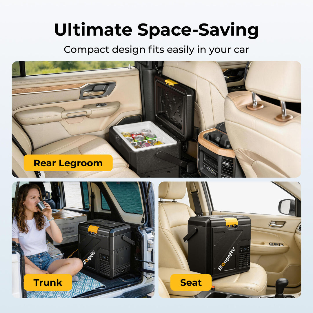 Compact space-saving car fridge shown in various car compartments