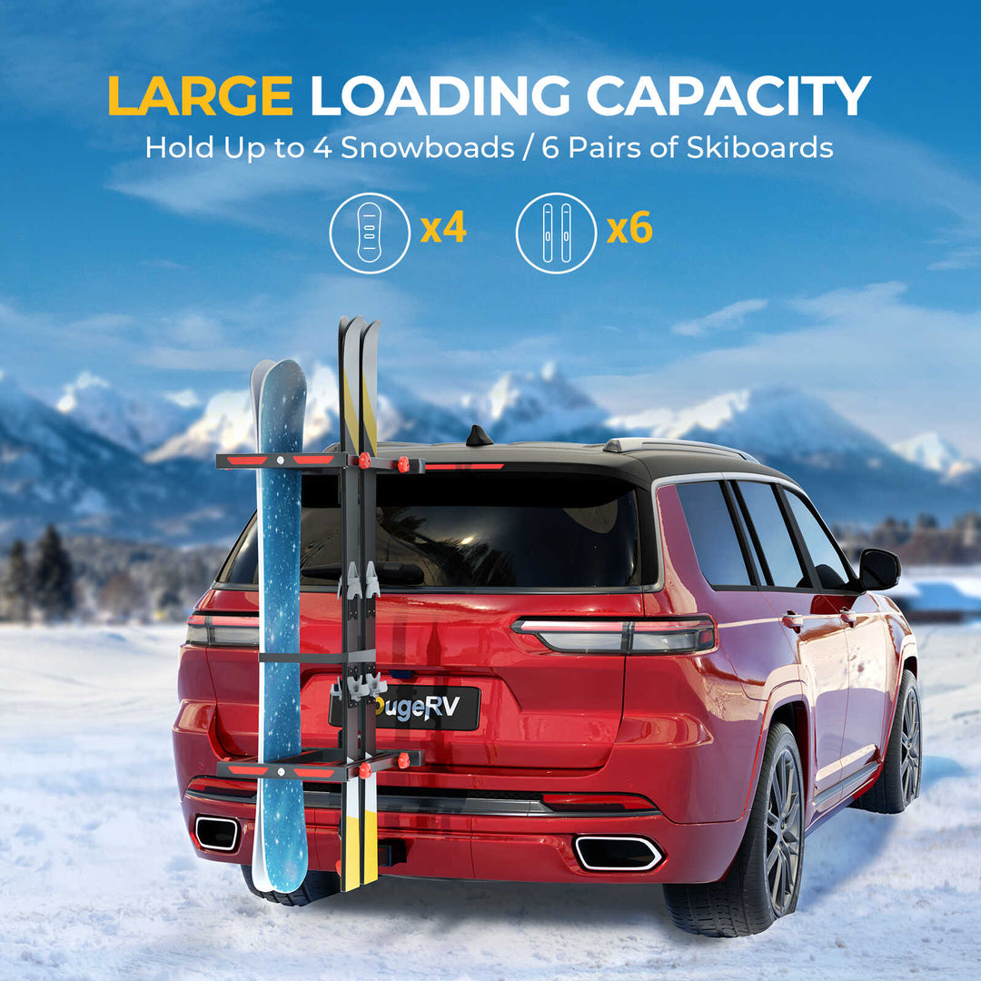 BougeRV Hitch Ski Snowboard Rack with Security Lock(Fit for 2" Receiver)