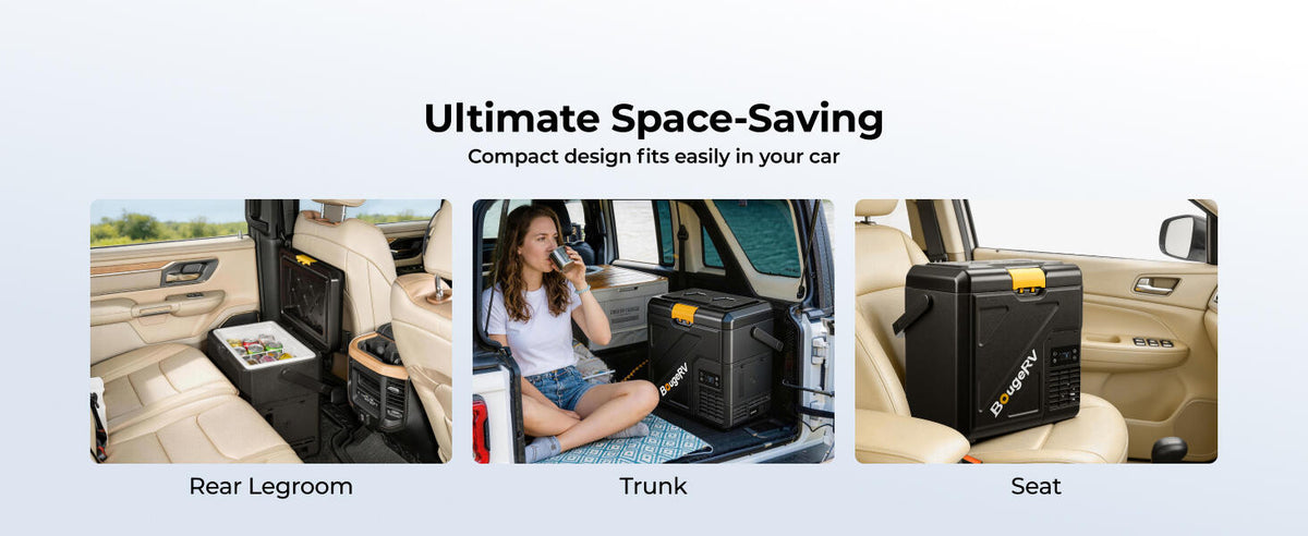 CRH20 car fridge in rear footwell, trunk and passenger seat