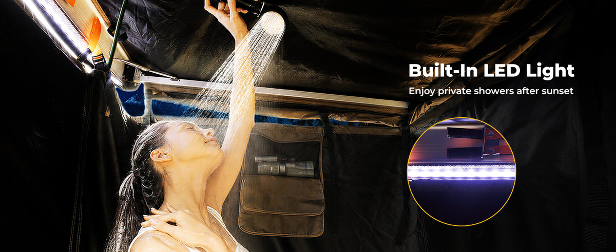 BougeRV car shower tent with built-in LED lighting for nighttime outdoor showers