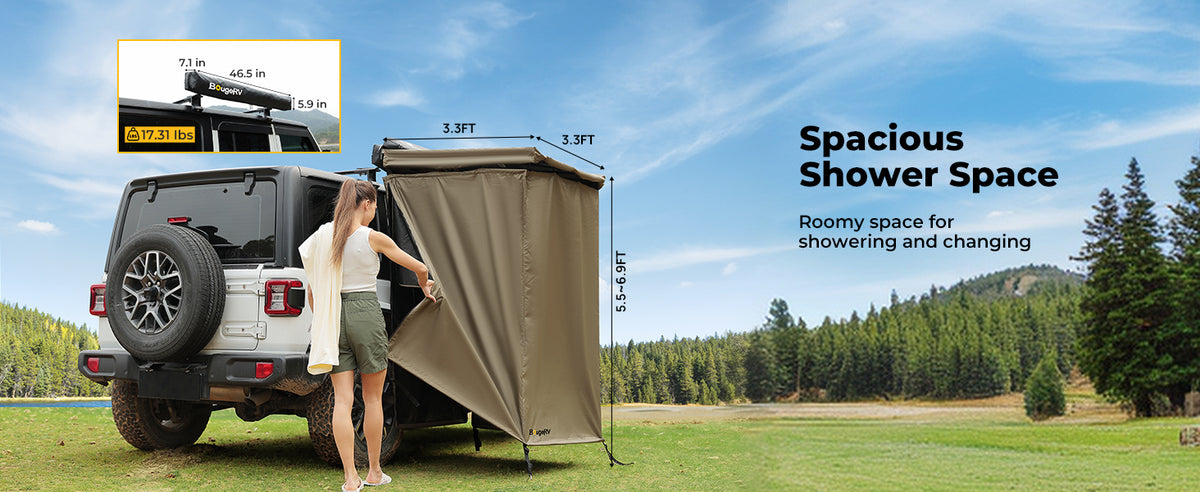 BougeRV car shower tent showing spacious 3.3 × 3.3 ft shower space, 5.5–6.9 ft height, and compact folded dimensions for storage
