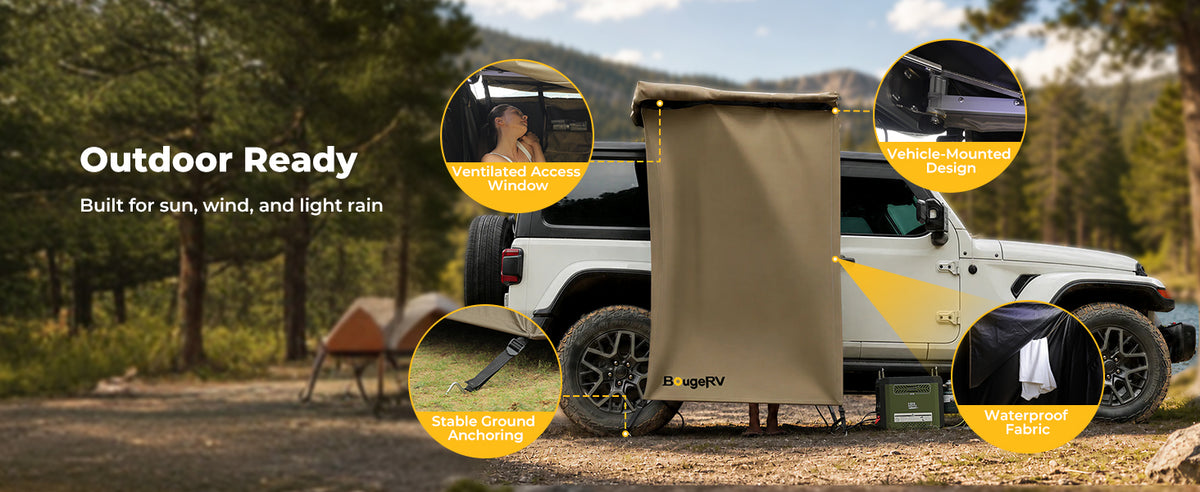 BougeRV vehicle-connected car shower tent with easy access and weather protection for outdoor camping