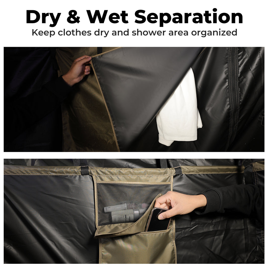 Car shower tent with separate dry and wet areas for clothes and showering essentials