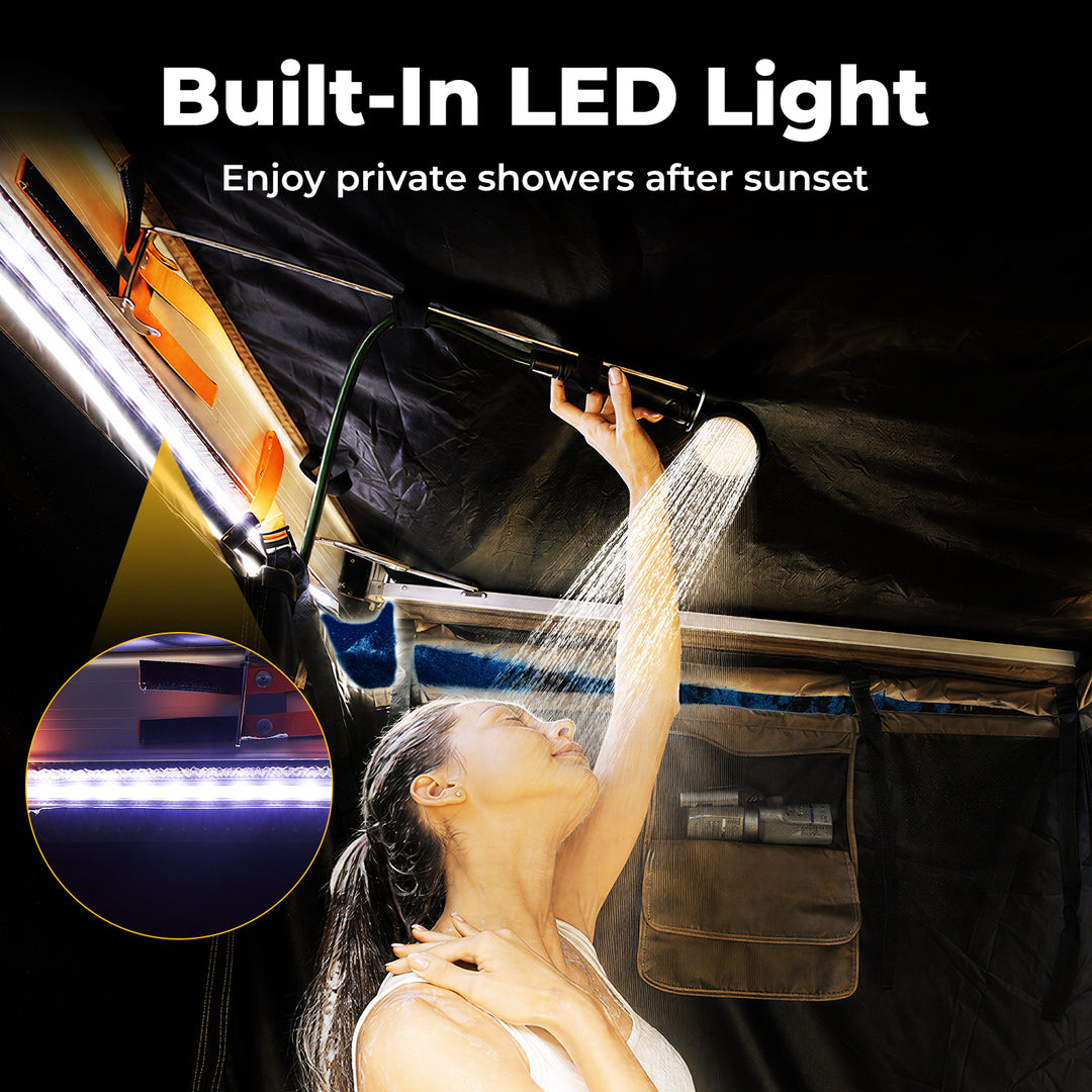 Car shower tent with built-in LED lighting for nighttime camping showers