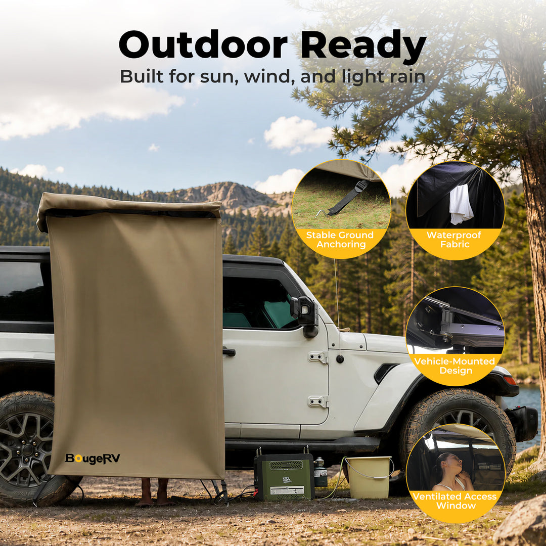 BougeRV outdoor car shower tent with waterproof fabric, stable anchoring, vehicle connection, and ventilation window