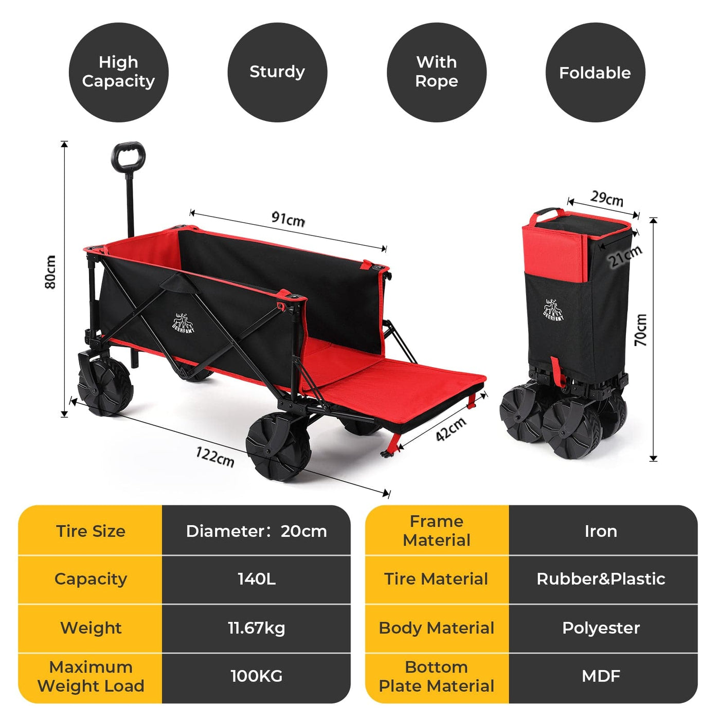 140L Capacity Outdoor Foldable Folding Wagon（DEERFAMY）