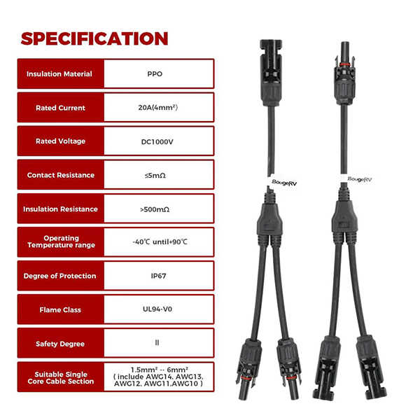 Solar Connectors Y Branch Parallel Adapter Cable Wire with specifications